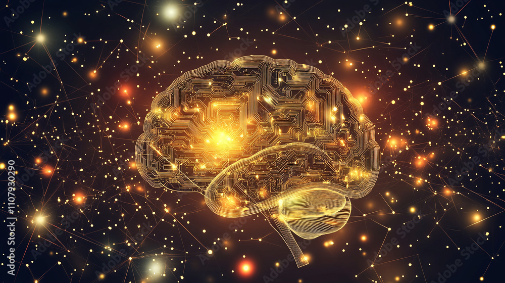 Aufkleber creative depiction of a glowing brain with intricate circuitry in a cosmic background at night