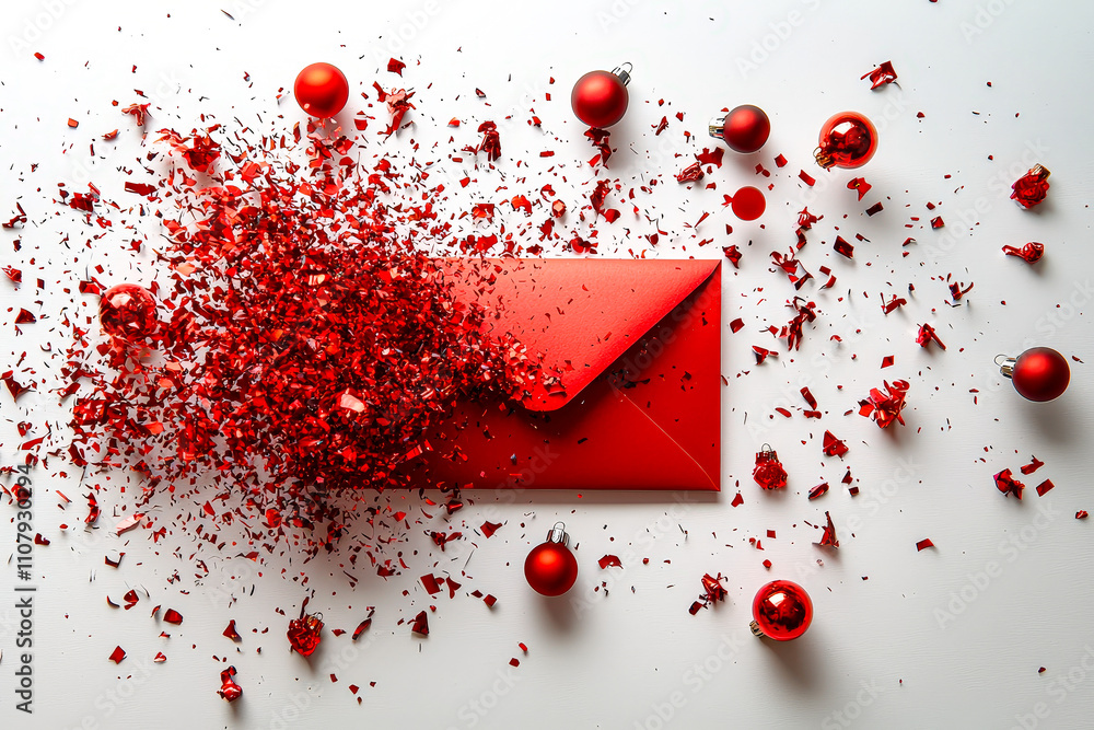 Poster a vibrant red envelope spills colorful confetti and is surrounded by shiny christmas ornaments, crea