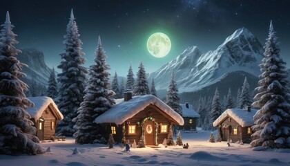Fototapeta premium Snowy winter village at night under a full moon. Cozy wooden houses nestled in a snowy forest, Christmas lights illuminate the scene, peaceful mountain background.