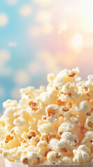 Popcorn pile with pastel bokeh background, concept of fun and relaxation