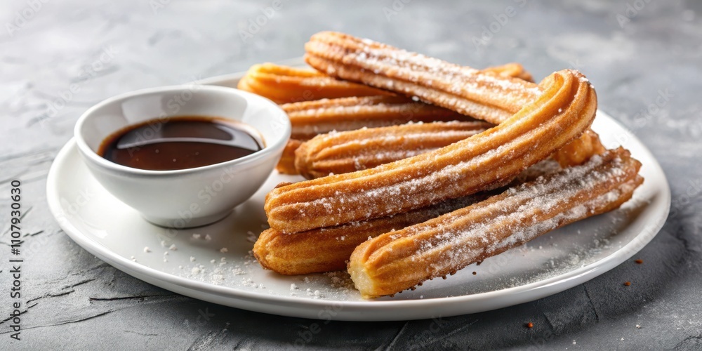 Poster golden churros dusted with powdered sugar and served with a side of rich chocolate sauce