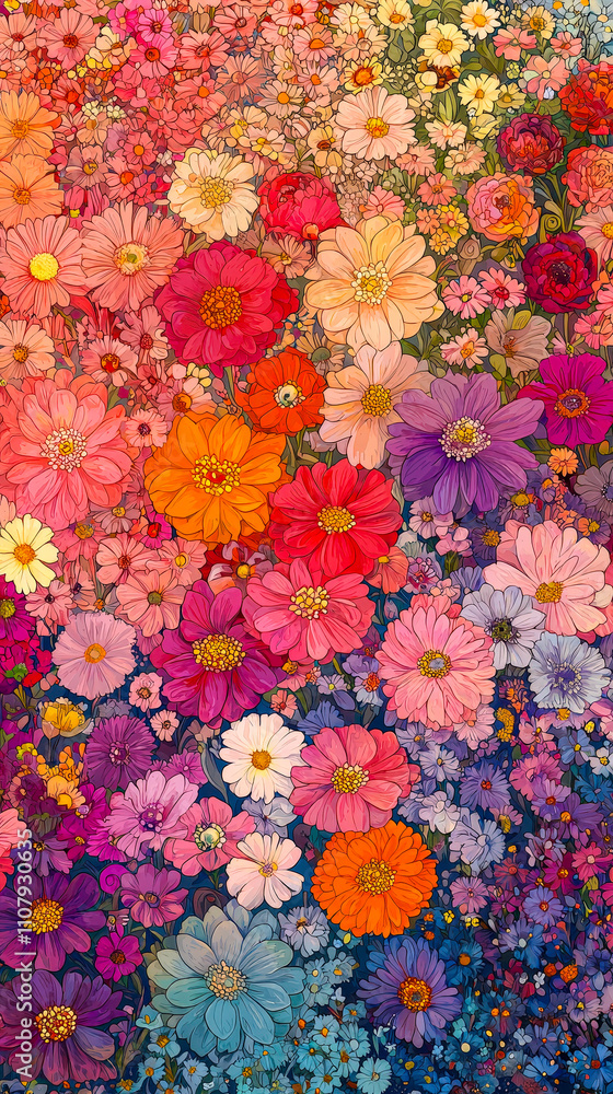 Poster A stunning array of flowers in a garden bursts with colors, featuring a diverse mix of species and creating a lively spring atmosphere