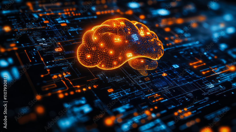 Poster a bright illustration of a digital brain with glowing circuitry, representing ai and advanced tech i