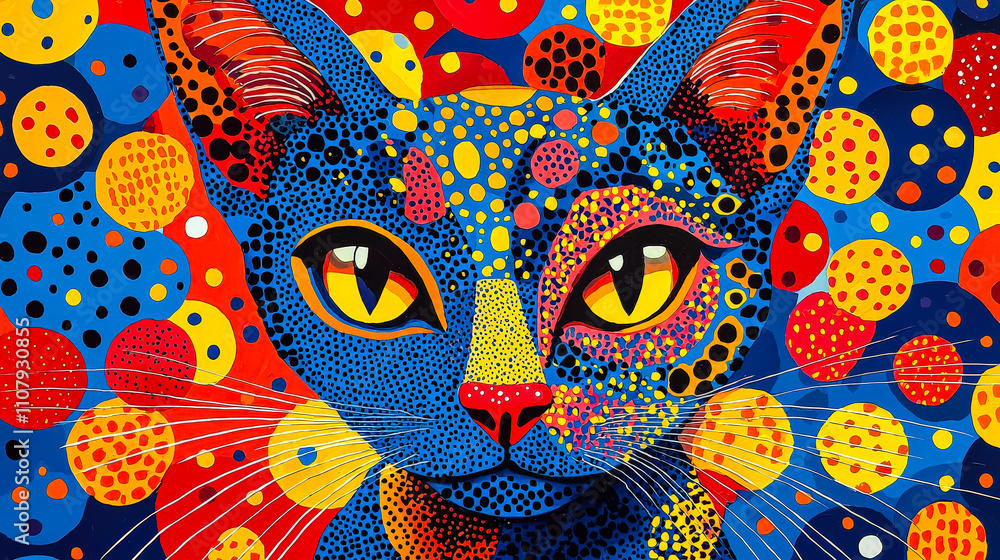 Poster An artistic representation of a cat adorned with bright colors and playful patterns, embodying creativity and unique design in modern art