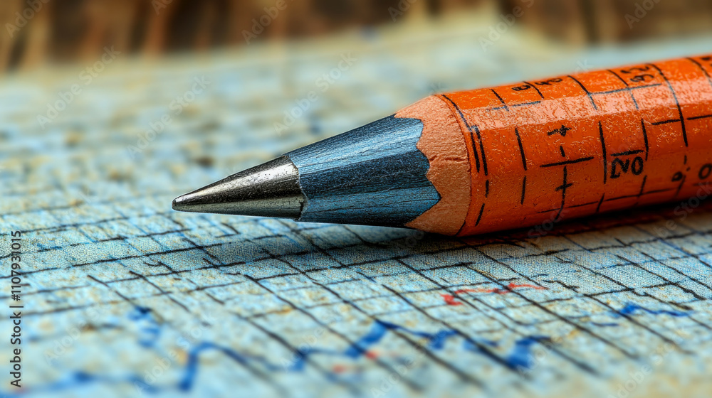Poster a sharpened orange pencil lies on graph paper, visually illustrating lines and data points, capturin