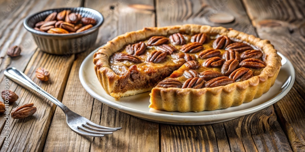 Poster a slice of pecan pie on a white plate with a fork on a wooden table, surrounded by pecans