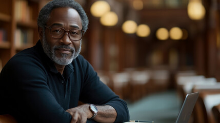A mature man with glasses and a beard is seated at a library desk, enjoying a moment of reflection with books and a laptop around him