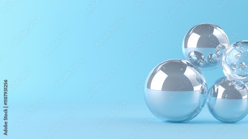 Poster group of five spherical objects on a light blue background. the objects are made of glass and have a