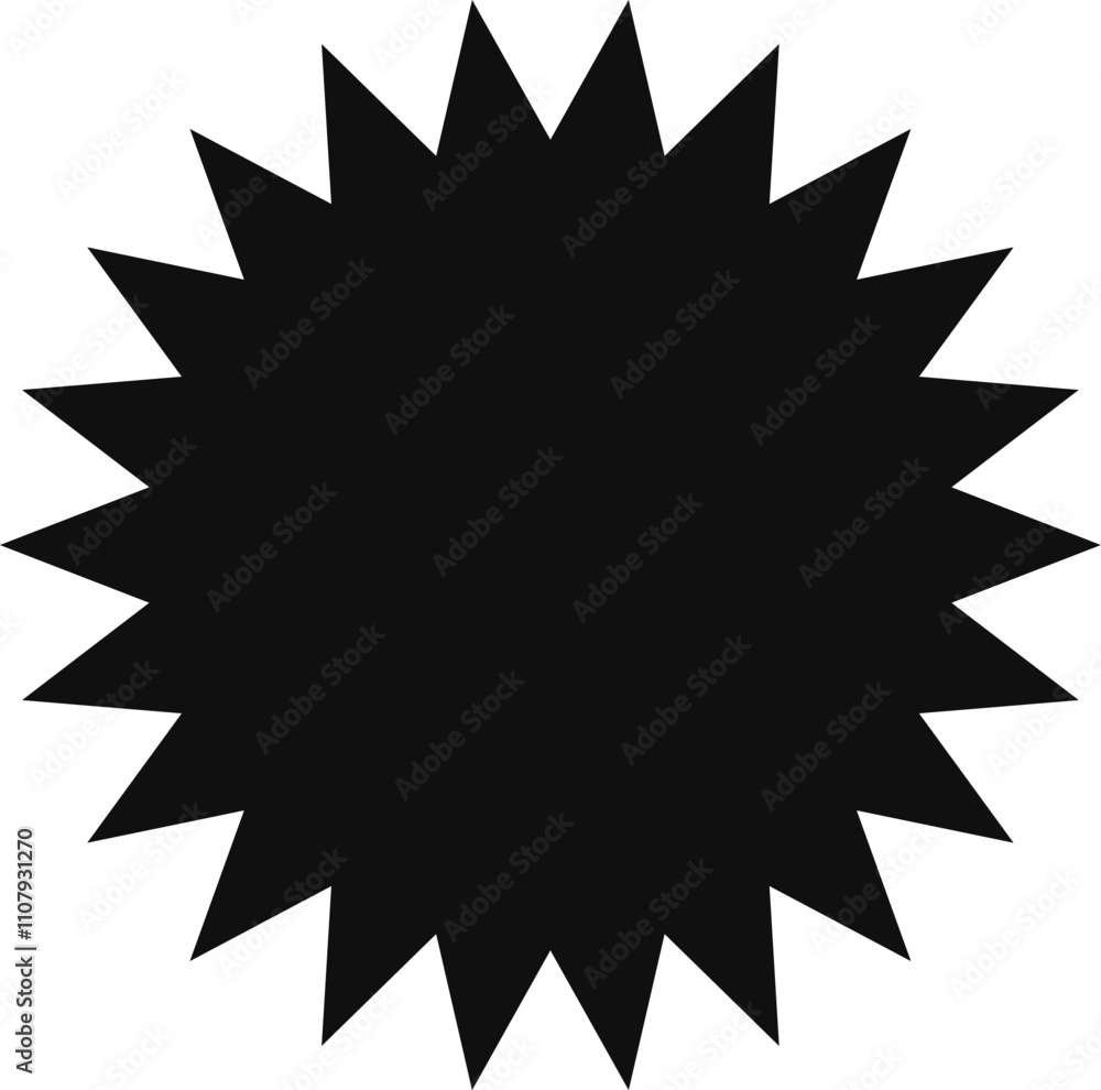 Poster simple black starburst shape features numerous sharp points radiating outward from a central point, 