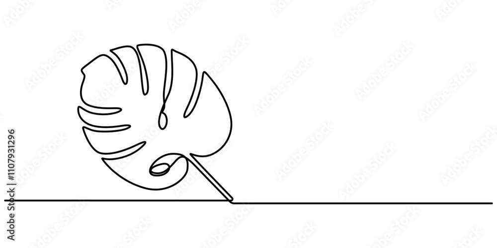 Poster Continuous line drawing  of a Monstera  isolated on white background, Leaf monstera continuous one line art drawing of outline vector illustration, Monstera or Swiss Cheese Plant Leaf Continuous Line.