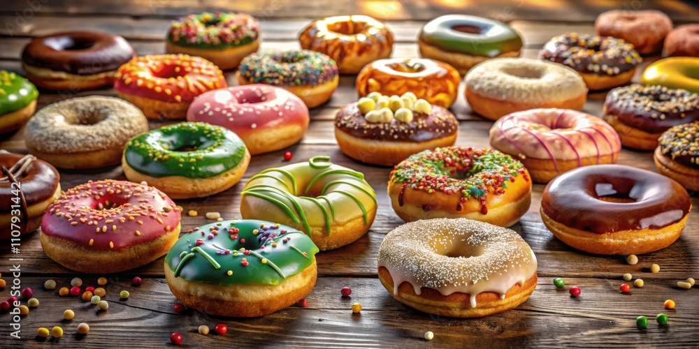 Poster A delightful assortment of freshly glazed donuts with various toppings, arranged on a rustic wooden surface, creating a visually appealing display of sweet indulgence.