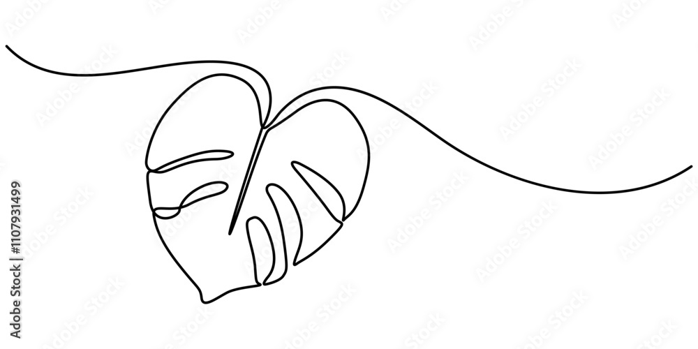 Poster Continuous line drawing  of a Monstera  isolated on white background, Leaf monstera continuous one line art drawing of outline vector illustration, Monstera or Swiss Cheese Plant Leaf Continuous Line.