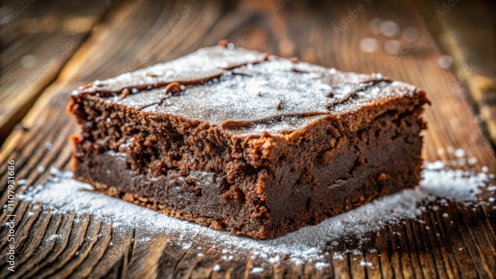 Poster A single slice of fudgy brownie dusted with powdered sugar, resting on a rustic wooden surface