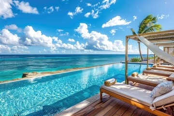 Fototapeta premium A serene poolside view overlooking the ocean with sun loungers and palm trees.