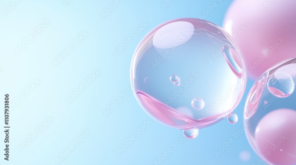 Poster three soap bubbles floating in the air against a light blue background. the soap bubbles are of diff