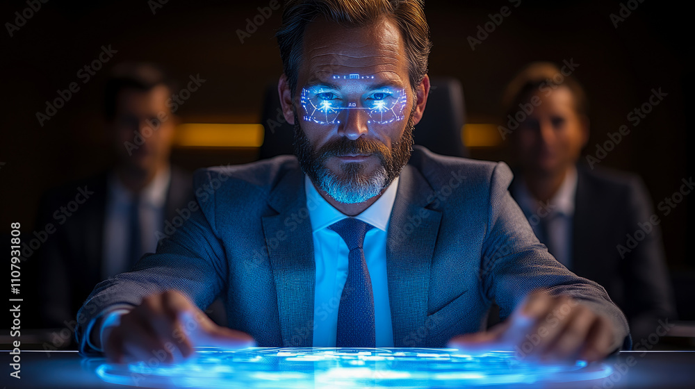 Poster business professional analyzes complex data using holographic projections in a high-tech conference 