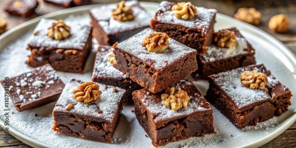 Poster A plate filled with fudgy brownie squares topped with walnuts and dusted with powdered sugar