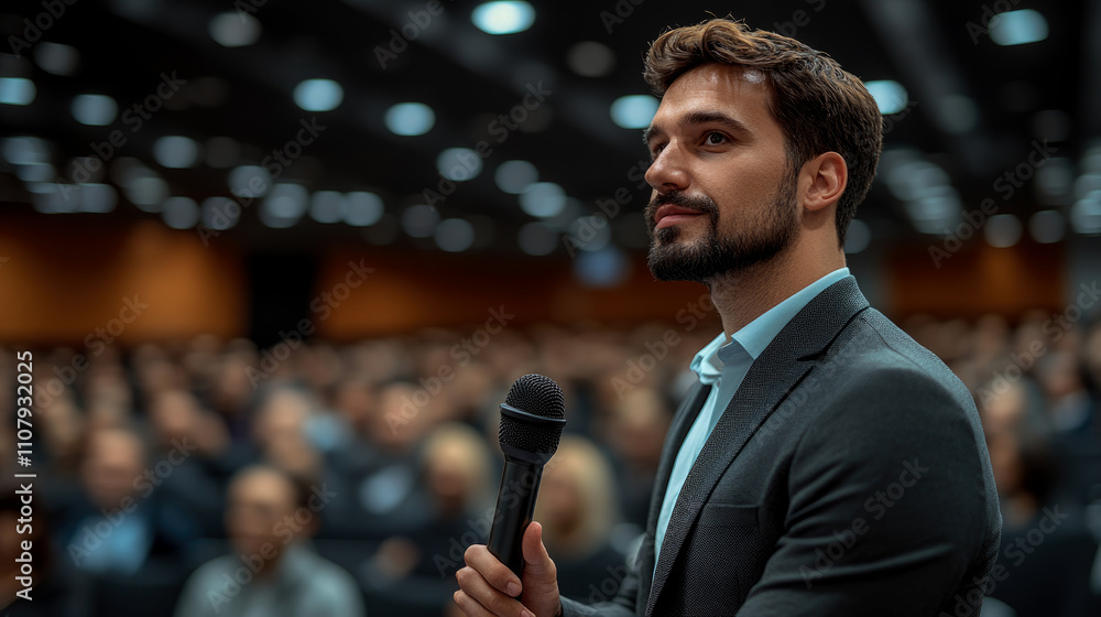 Poster a confident speaker holds a microphone while addressing an attentive audience during a professional 