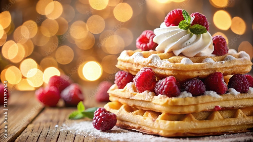 Poster a stack of golden waffles topped with fresh raspberries and whipped cream, sprinkled with powdered s