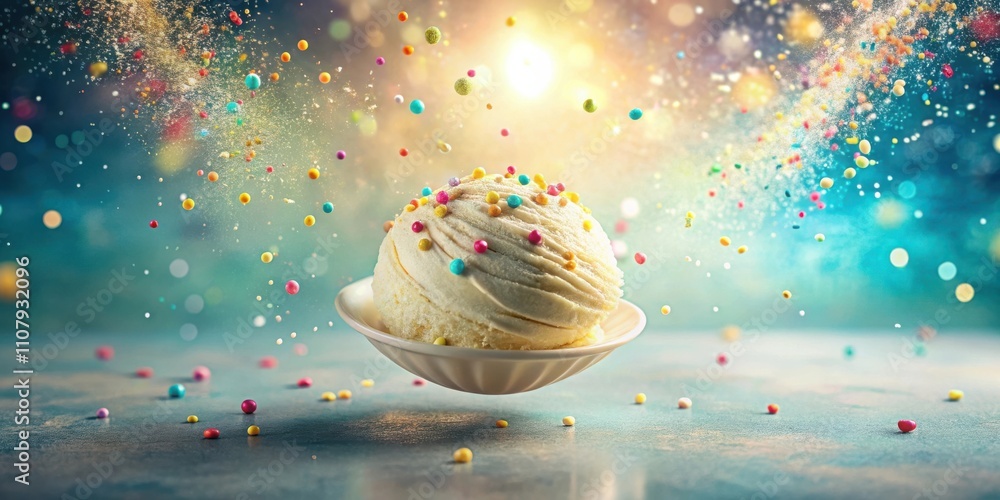 Poster a single scoop of ice cream levitates in a bowl surrounded by colorful sprinkles and a sparkling blu