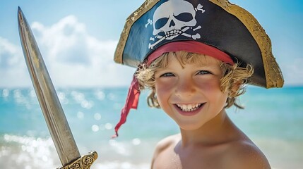 Cheerful young European boy wearing a pirate hat and holding a toy sword while playing on the sandy beach with the ocean in the background  He is smiling and enjoying a summer vacation or adventure