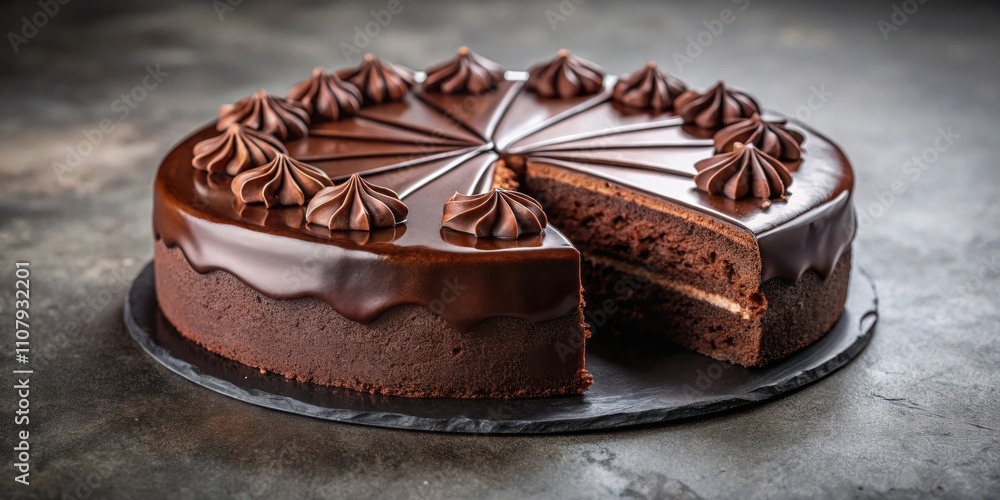 Poster a decadent chocolate cake with a rich, dark chocolate frosting and delicate swirls of whipped cream,