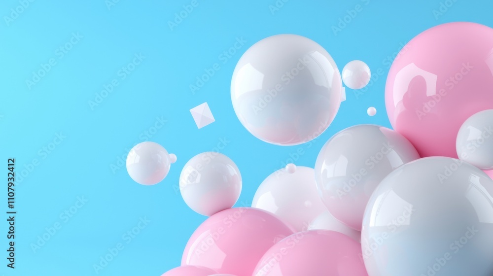 Poster 3d rendering of a group of pink and white spheres floating in the air against a light blue backgroun