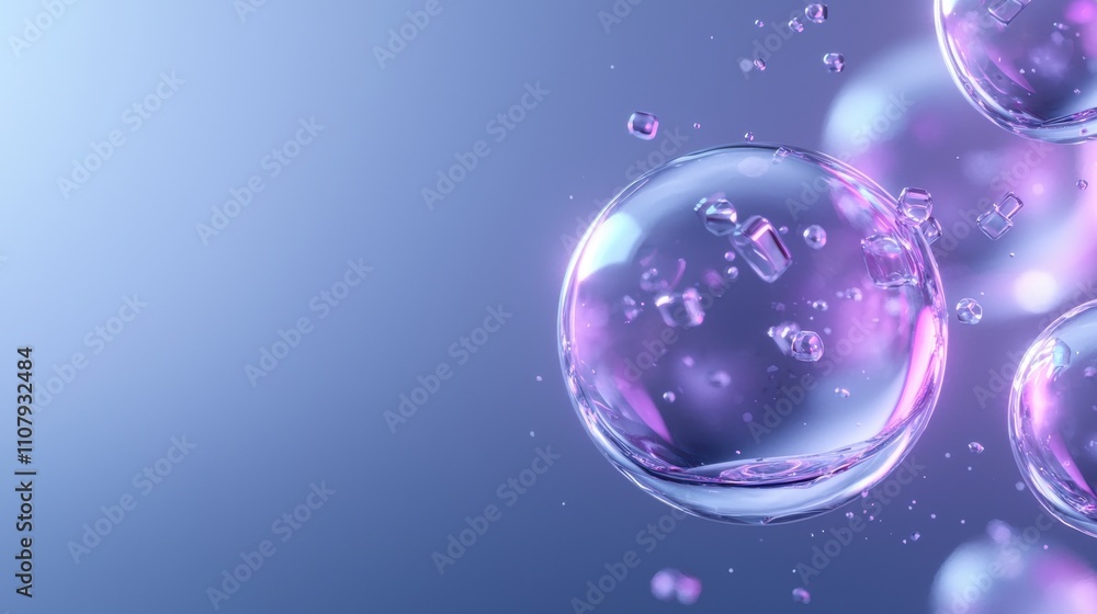 Poster abstract digital art piece with a blue background. it features multiple bubbles of different sizes a