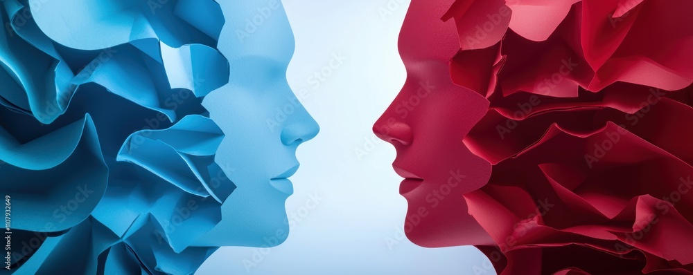 Poster two abstract faces in contrasting blue and red tones face each other, showcasing a dynamic interplay