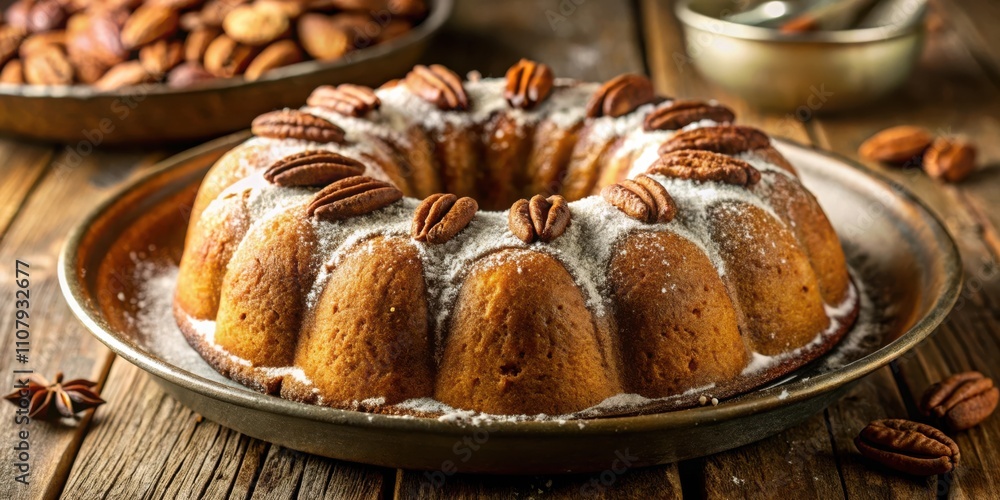 Poster A Close-Up of a Buttery Pecan Cake Dusted with Powdered Sugar on a Rustic Wooden Table