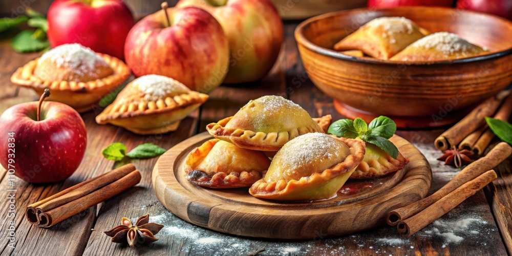 Poster apple filled pastries dusted with powdered sugar and nestled on a rustic wooden board, accented by c