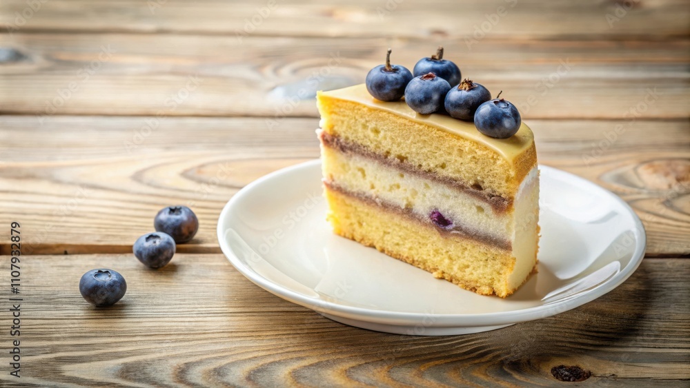 Poster a slice of layered cake topped with blueberries rests on a white plate, invitingly displayed on a wo
