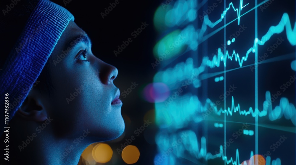 Poster a focused individual gazes at a glowing data display, symbolizing curiosity and engagement with tech