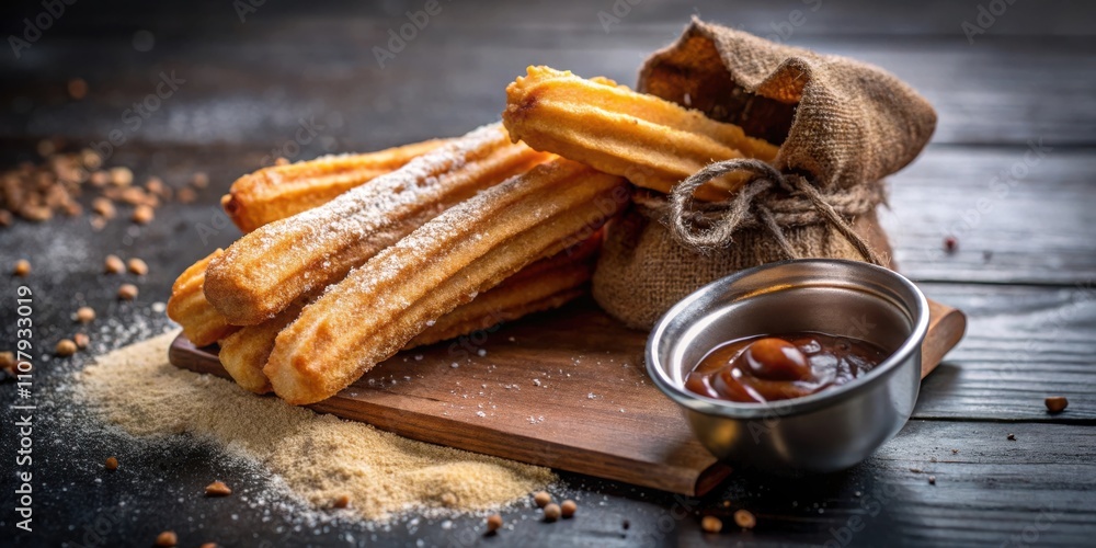 Poster crispy churros dusted with powdered sugar and served with a side of rich chocolate sauce on a wooden