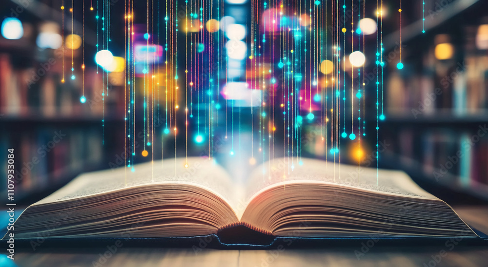 Poster Open book illuminated by colorful light particles in a library setting during evening hours creating a magical atmosphere