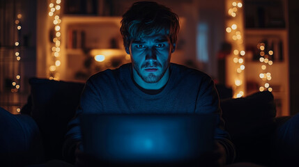 Fototapeta premium A young man is deeply focused on his laptop screen, surrounded by a warm and inviting atmosphere with soft lighting and festive decorations