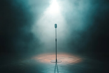 A solitary microphone on a stage, illuminated by dramatic lighting and surrounded by fog.