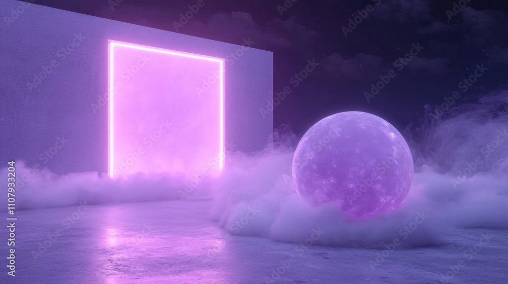 Poster 3d rendering of a futuristic landscape at night. the sky is filled with stars and the ground is cove