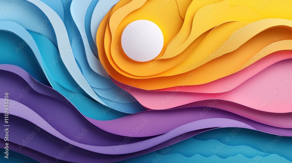 Poster a vibrant, layered paper art design showcasing waves in various colors with a central sun, creating 