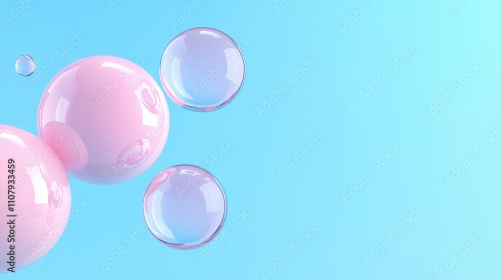 Poster three pink soap bubbles floating in a light blue background. the soap bubbles are of different sizes