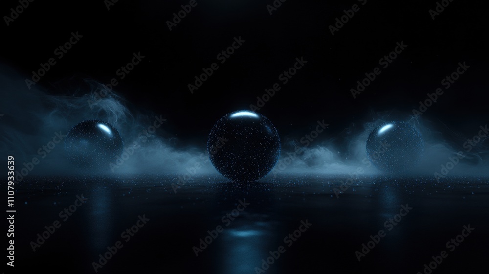 Poster three spheres floating on a dark surface. the spheres are spherical in shape and appear to be made o