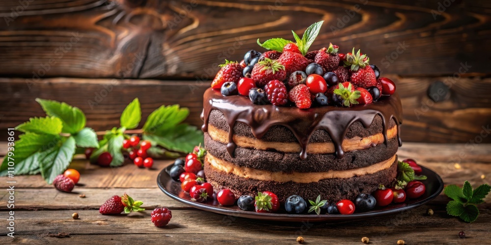 Aufkleber a delicious chocolate cake topped with fresh berries and drizzled with chocolate ganache on a rustic