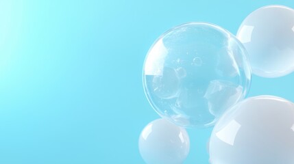 Group of three transparent spheres floating in the air against a light blue background.
