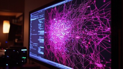 Complex algorithm running on computer screen detecting and visualizing unauthorized access points in a digital network infrastructure  Cybersecurity concepts of threat monitoring data analysis