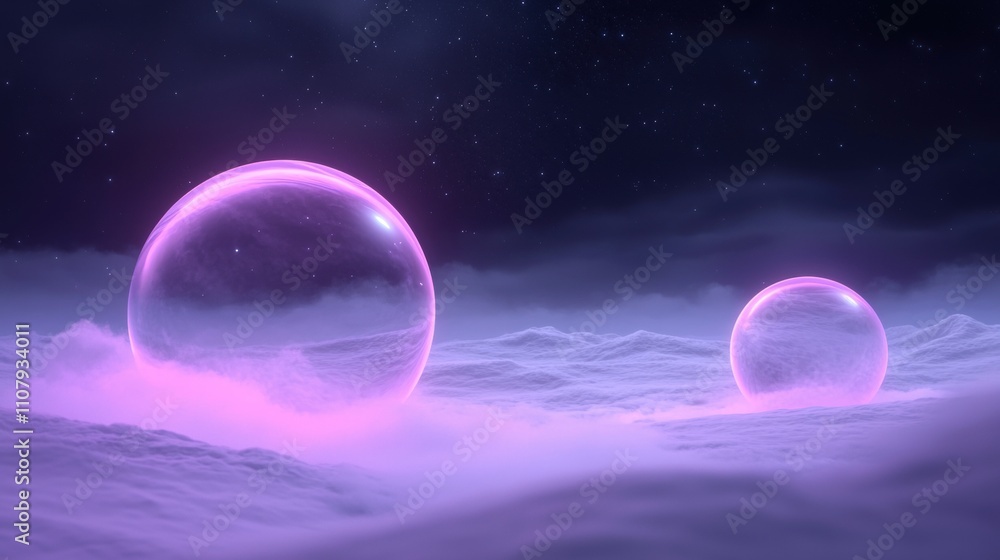 Poster two large, spherical objects floating on top of a vast, icy landscape. the objects appear to be glow