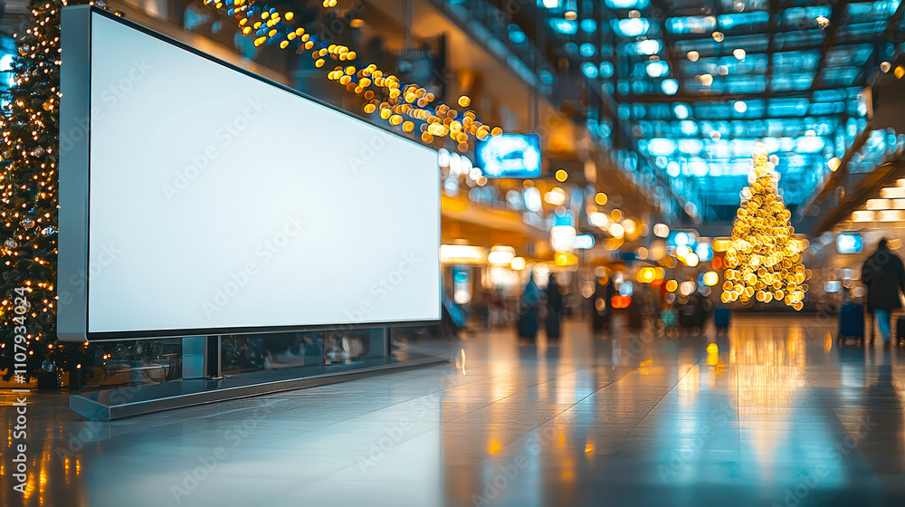 Poster A large empty display screen stands next to a beautifully lit Christmas tree in a busy airport terminal filled with travelers