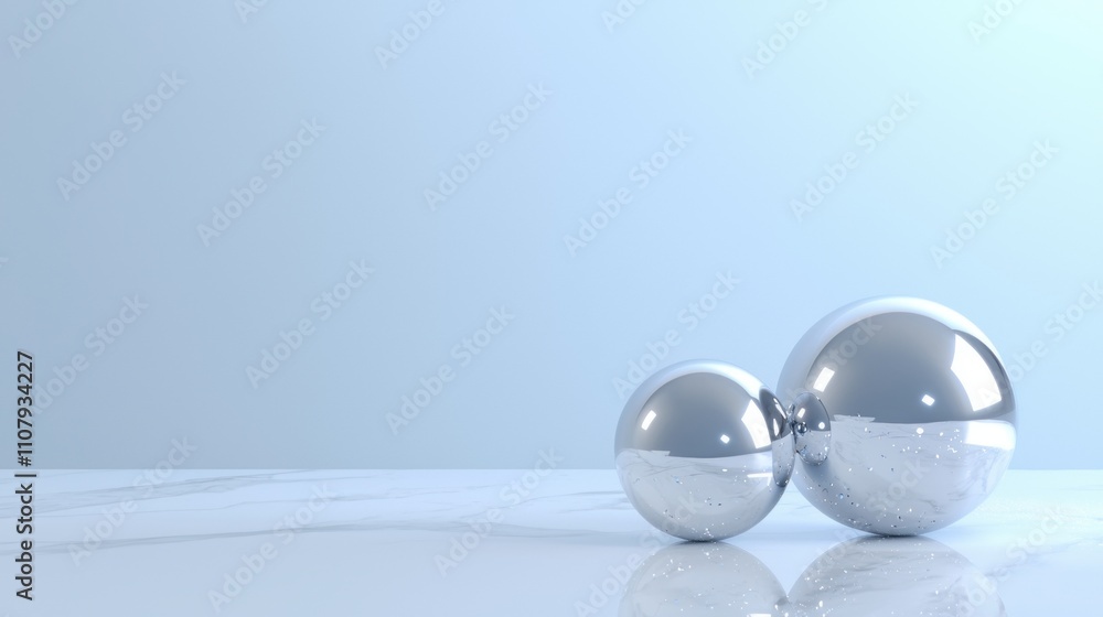 Poster two spherical objects on a white surface with a light blue background. the objects appear to be made