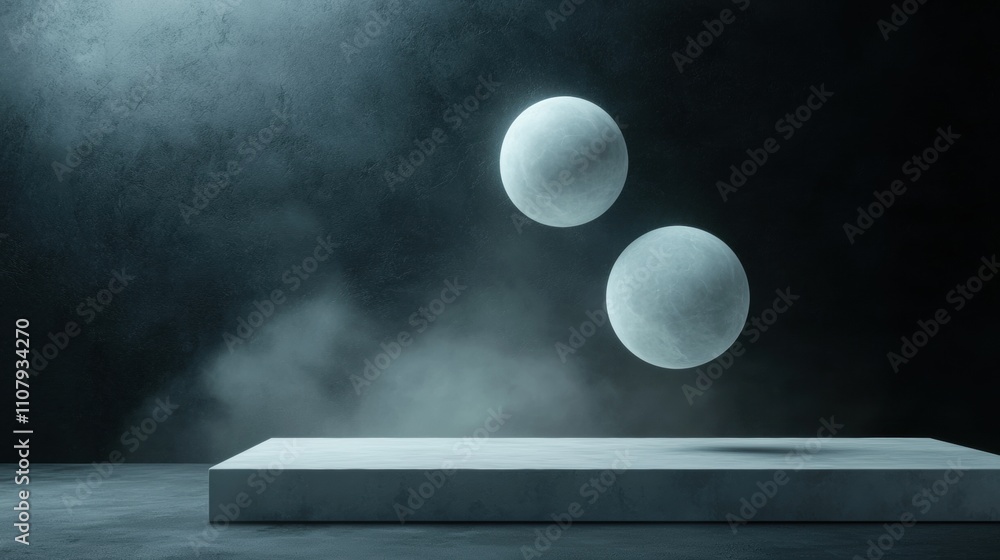 Poster two white spheres floating in the air against a dark grey background. the spheres are spherical in s