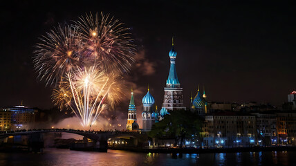 Naklejka premium red fireworks is showing its beauty on a black starry sky for new year beside a mosq.