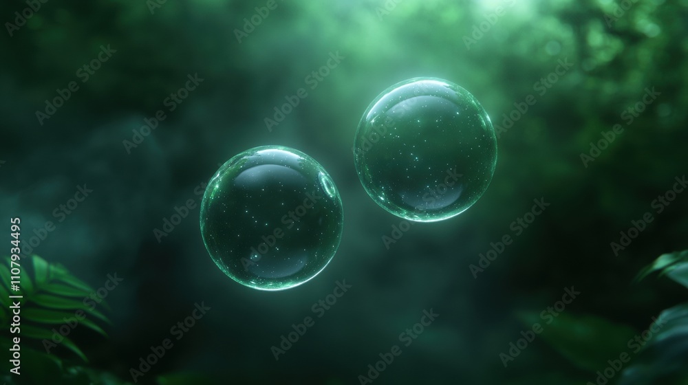 Poster two large, round bubbles floating in the air. the bubbles are transparent and appear to be floating 